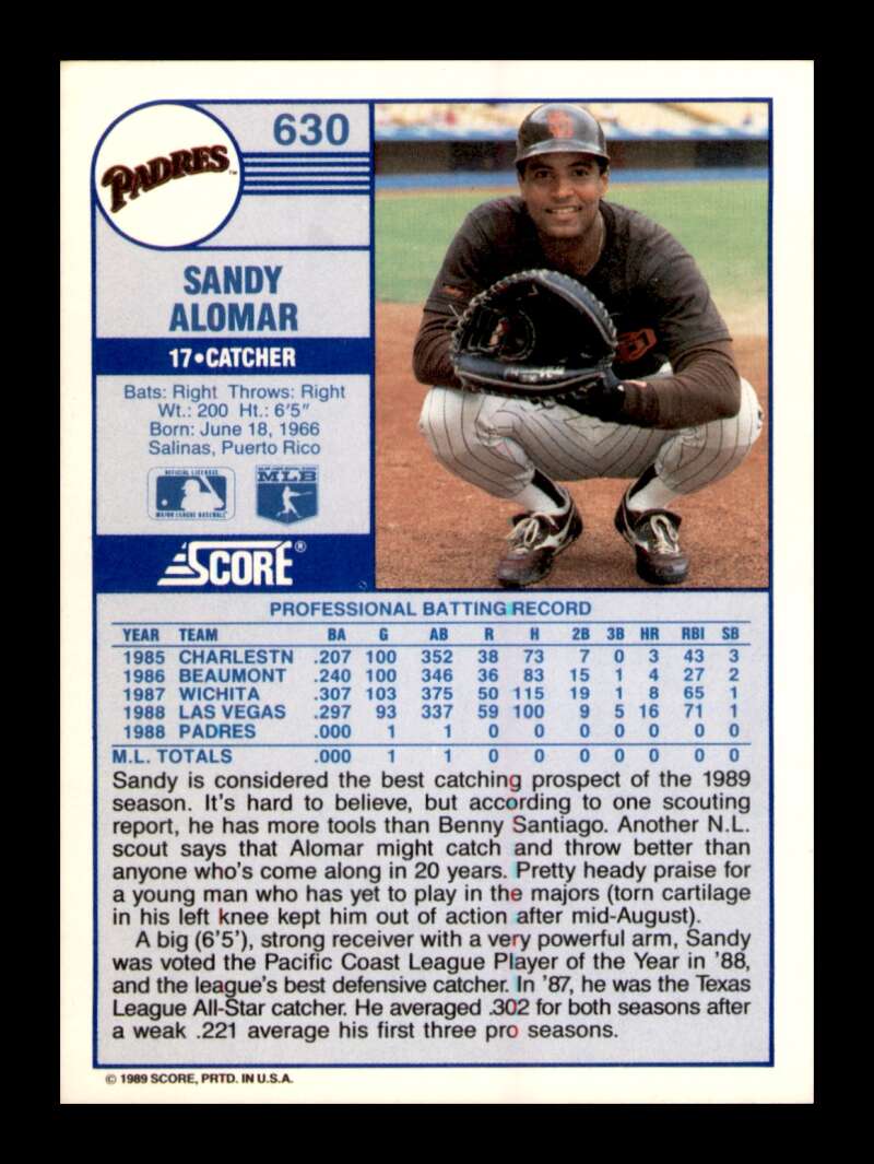 Load image into Gallery viewer, 1989 Score Sandy Alomar #630 Rookie RC Image 2
