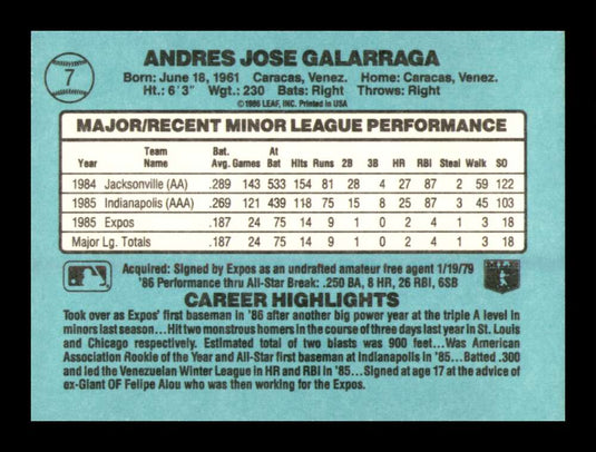 1986 Donruss The Rookies Andres Galarraga 