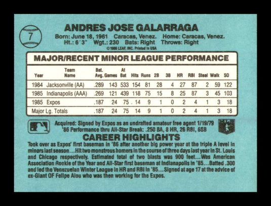 1986 Donruss The Rookies Andres Galarraga