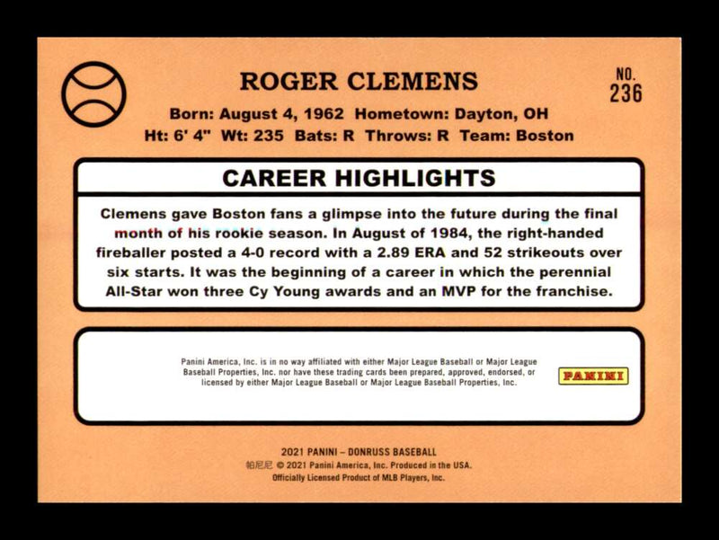 Load image into Gallery viewer, 2021 Donruss Holo Orange Roger Clemens #236 Short Print SP Image 2
