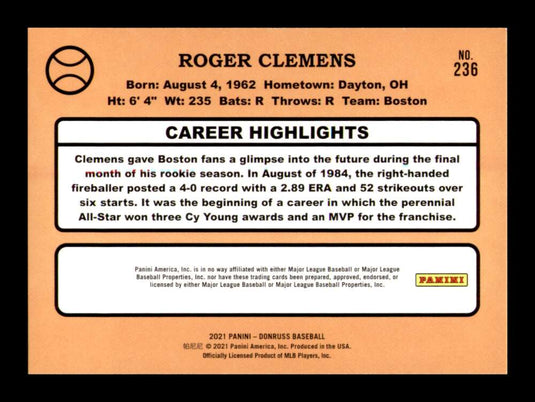 2021 Donruss Holo Orange Roger Clemens