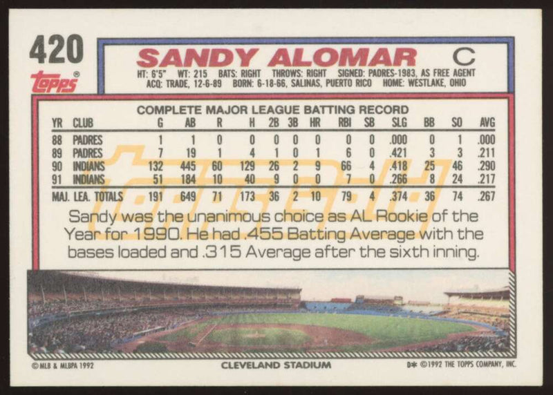 Load image into Gallery viewer, 1992 Topps Gold Sandy Alomar #420 Short Print SP Image 2
