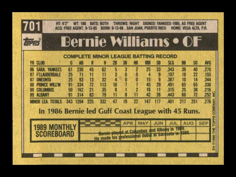 Load image into Gallery viewer, 1990 Topps Bernie Williams #701 Rookie RC Image 2
