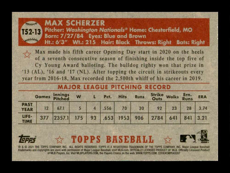 Load image into Gallery viewer, 2021 Topps 1952 Redux Max Scherzer #T52-13 Image 2
