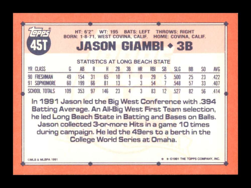 Load image into Gallery viewer, 1991 Topps Traded Jason Giambi #45T Rookie RC Image 2
