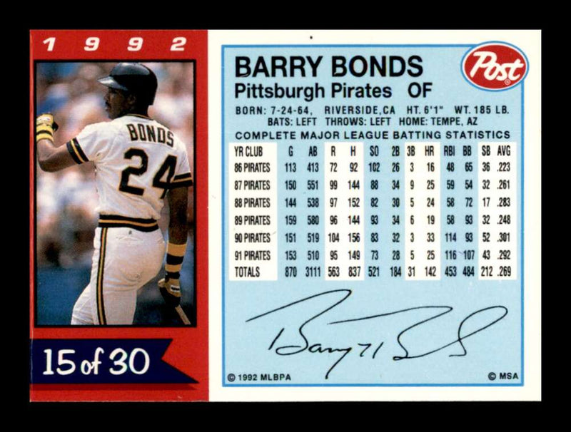 Load image into Gallery viewer, 1992 Post Cereal Barry Bonds #15 Image 2
