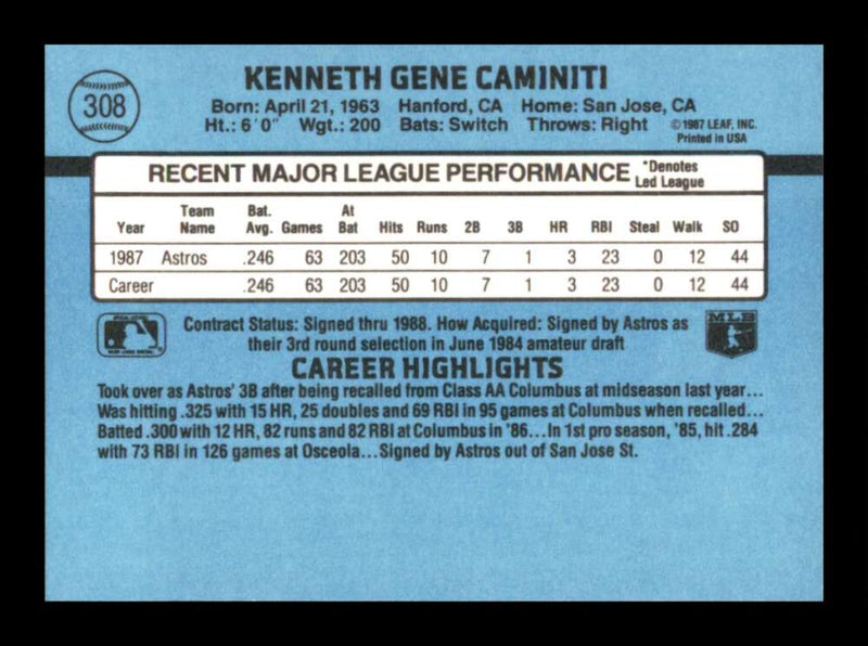 Load image into Gallery viewer, 1988 Donruss Ken Caminiti #308 Rookie RC Image 2
