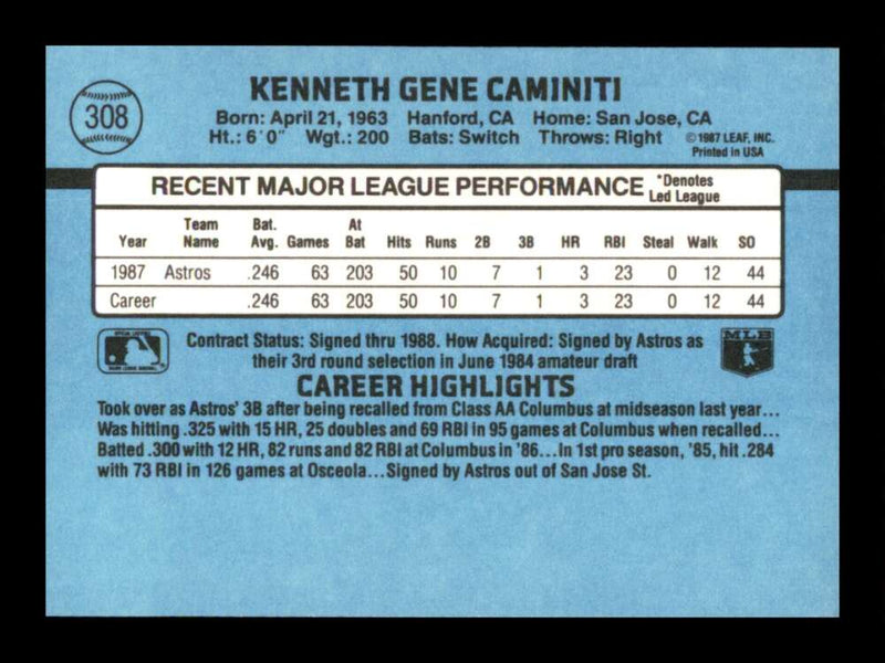 Load image into Gallery viewer, 1988 Donruss Ken Caminiti #308 Rookie RC Image 2
