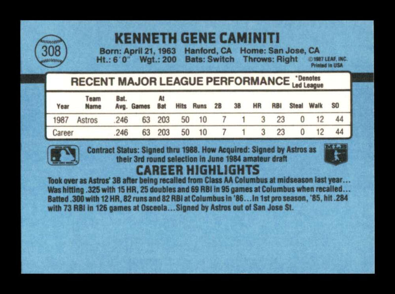 Load image into Gallery viewer, 1988 Donruss Ken Caminiti #308 Rookie RC Image 2
