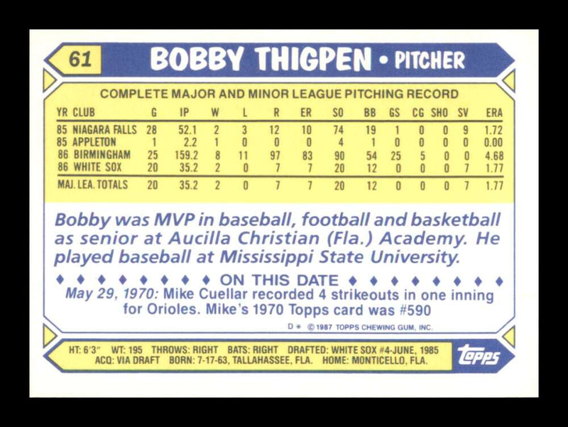 Load image into Gallery viewer, 1987 Topps Tiffany Bobby Thigpen #61 Rookie RC Image 2
