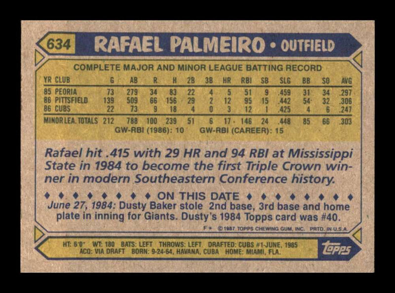 Load image into Gallery viewer, 1987 Topps Rafael Palmeiro #634 Rookie RC Image 2
