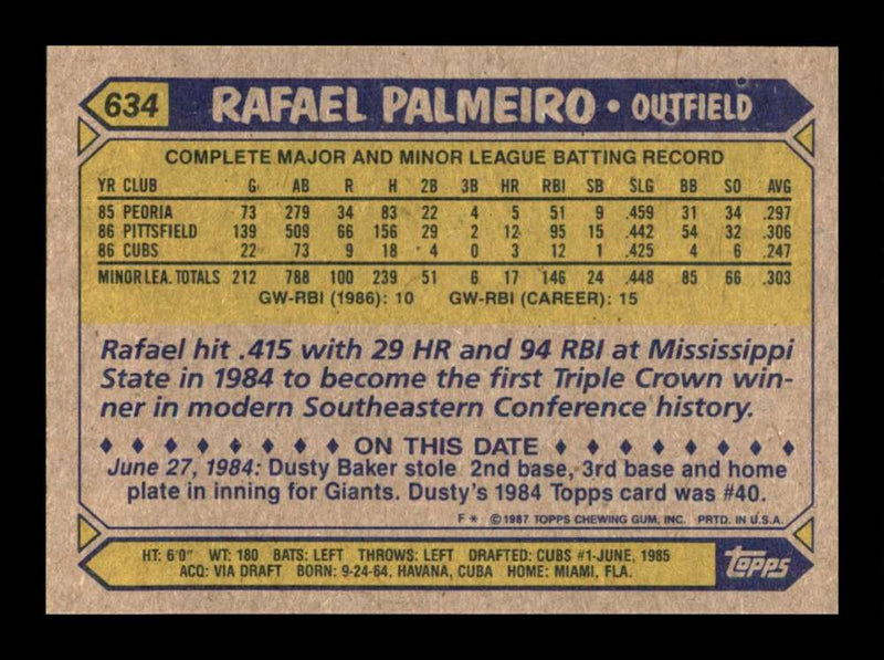 Load image into Gallery viewer, 1987 Topps Rafael Palmeiro #634 Rookie RC Image 2
