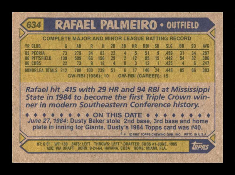 Load image into Gallery viewer, 1987 Topps Rafael Palmeiro #634 Rookie RC Image 2
