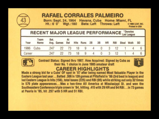 1987 Donruss Rafael Palmeiro 