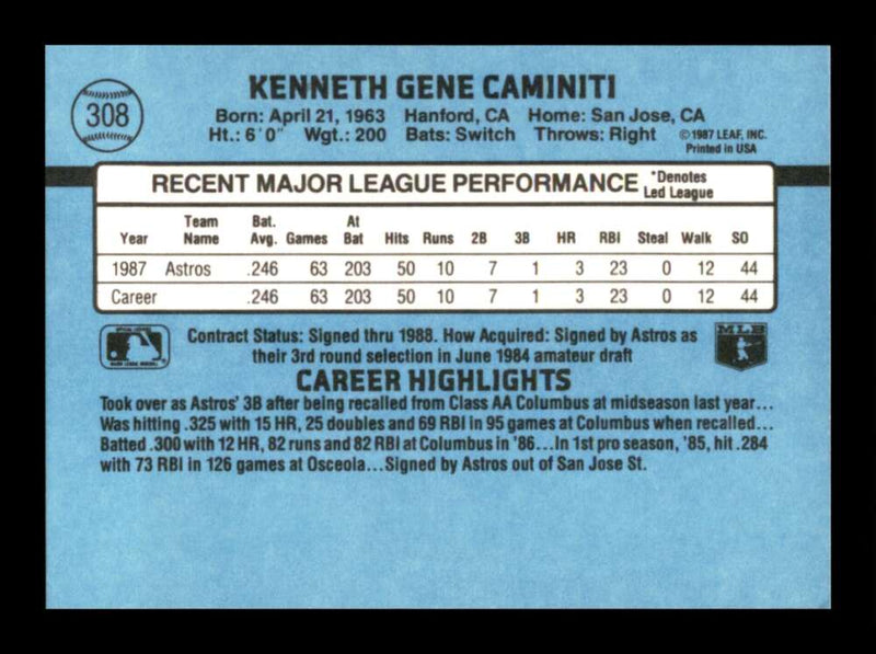 Load image into Gallery viewer, 1988 Donruss Ken Caminiti #308 Rookie RC Image 2
