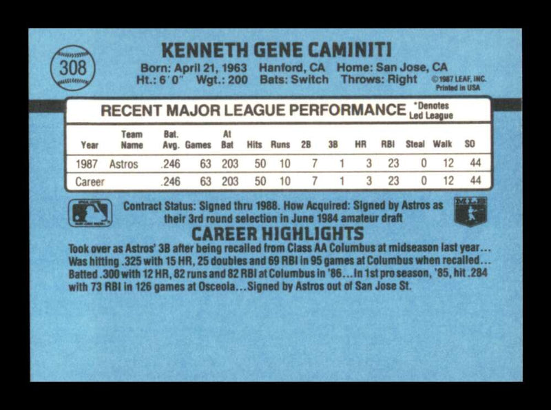 Load image into Gallery viewer, 1988 Donruss Ken Caminiti #308 Rookie RC Image 2
