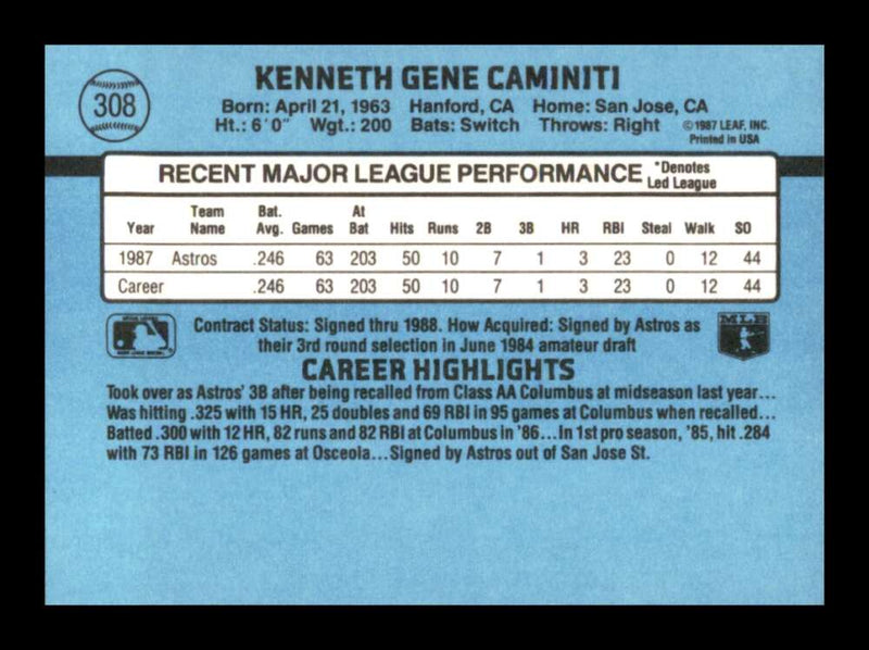 Load image into Gallery viewer, 1988 Donruss Ken Caminiti #308 Rookie RC Image 2
