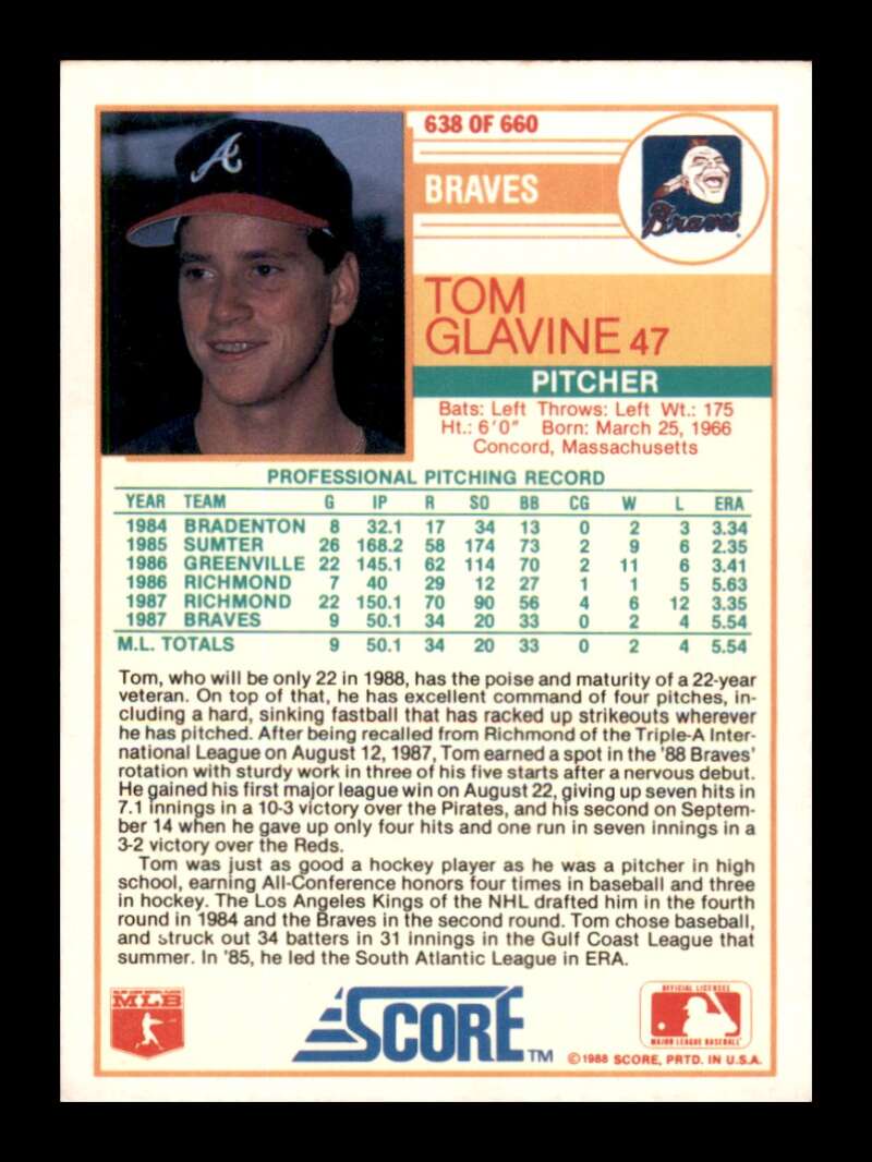 Load image into Gallery viewer, 1988 Score Glossy Tom Glavine #638 Rookie RC Image 2
