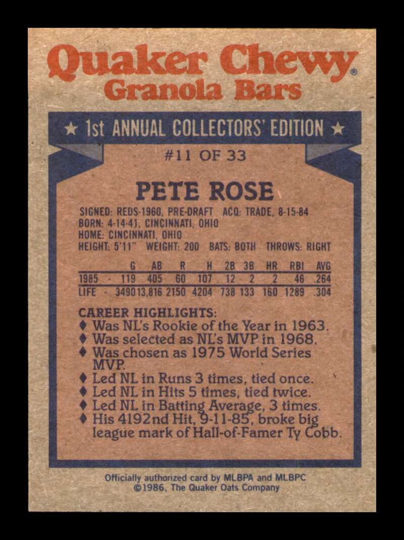 Load image into Gallery viewer, 1986 Topps Quaker Granola Pete Rose #11 Image 2
