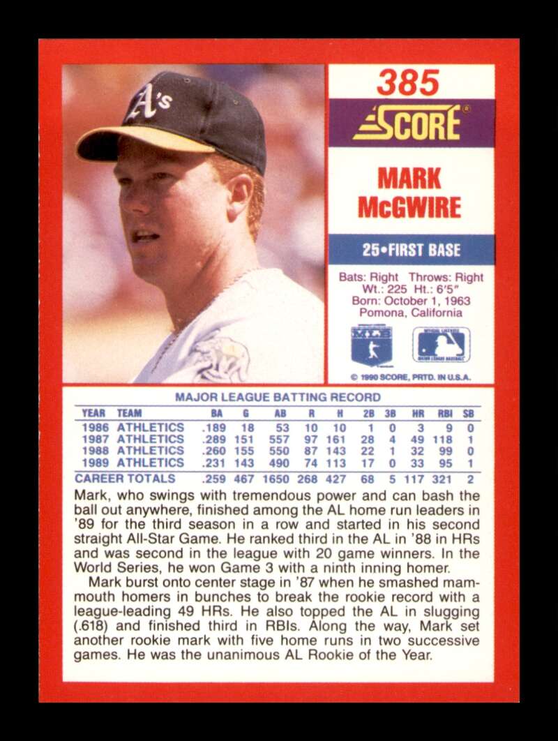 Load image into Gallery viewer, 1990 Score Mark McGwire #385 Image 2
