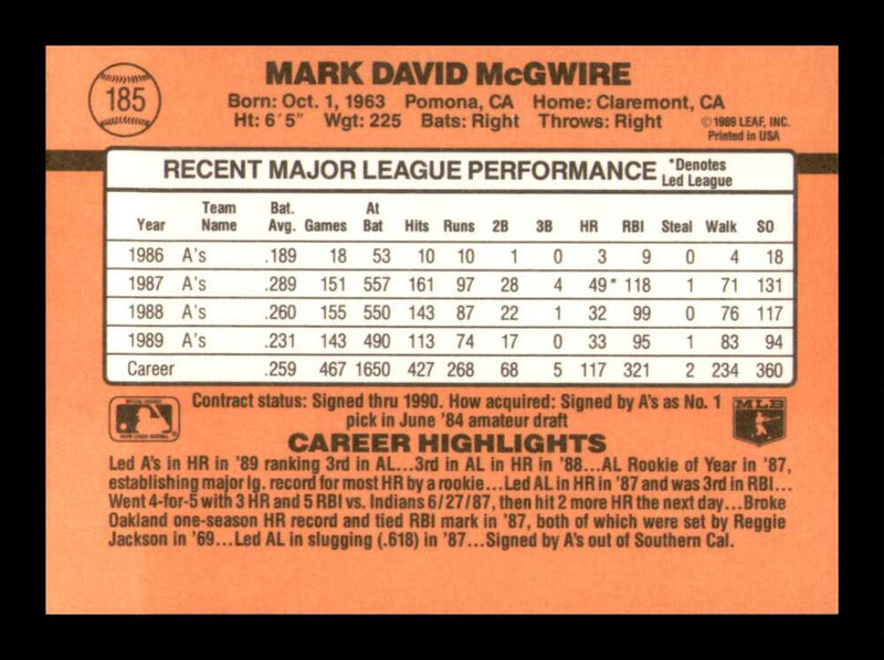 Load image into Gallery viewer, 1990 Donruss Mark McGwire #185 Image 2
