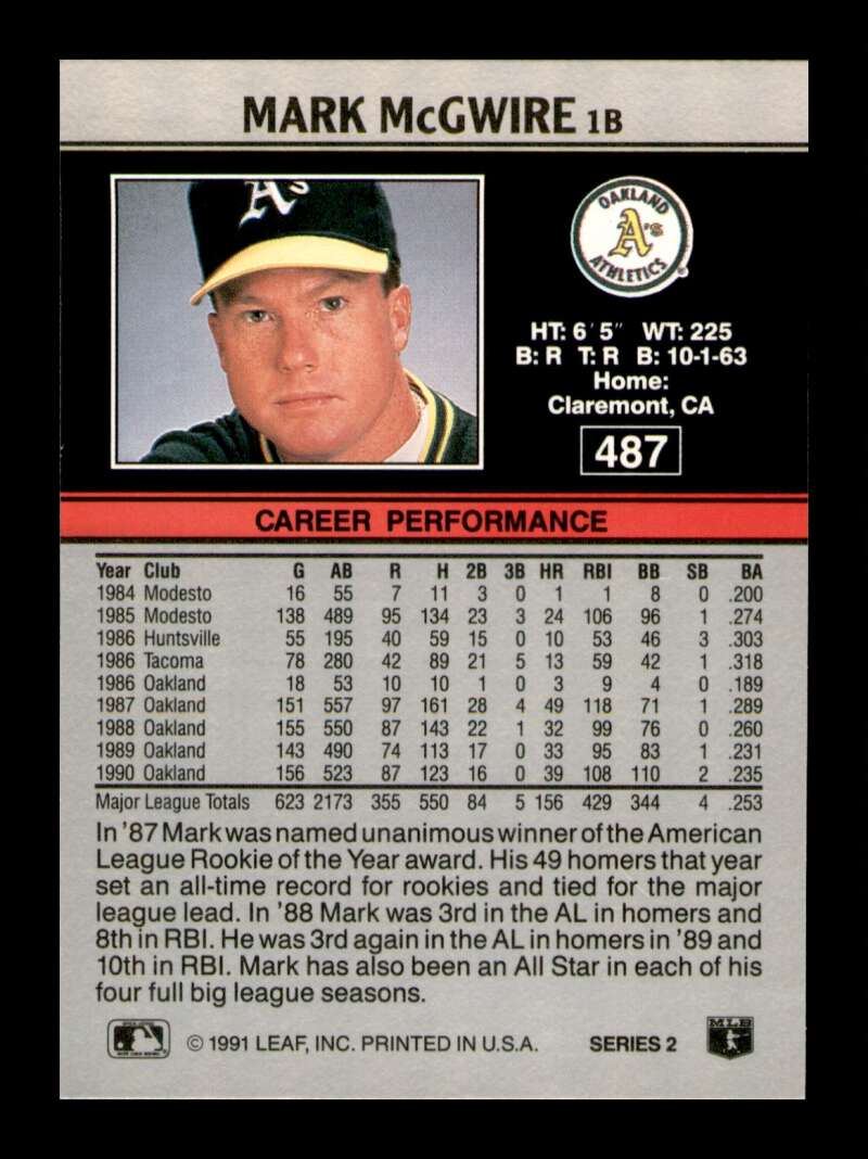 Load image into Gallery viewer, 1991 Leaf Mark McGwire #487 Image 2
