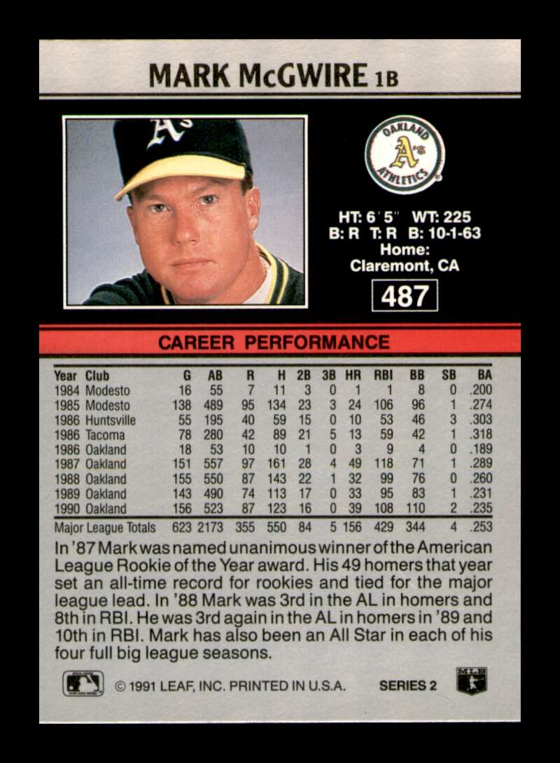 Load image into Gallery viewer, 1991 Leaf Mark McGwire #487 Image 2
