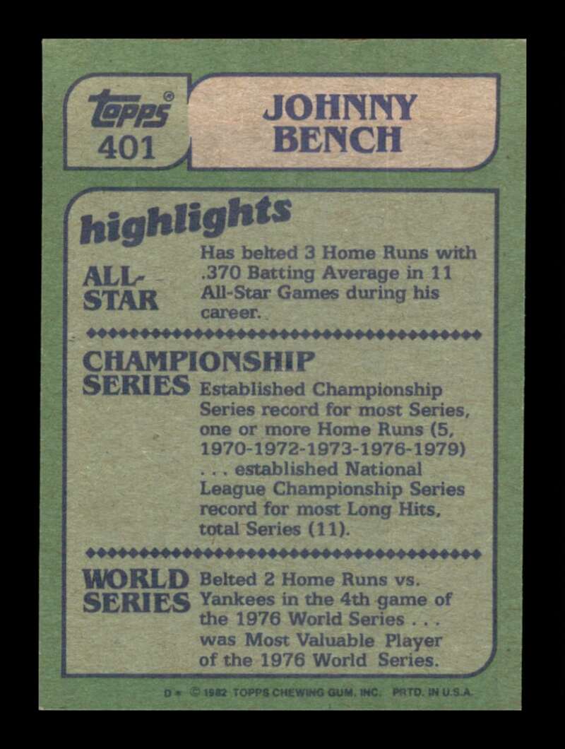 Load image into Gallery viewer, 1982 Topps Johnny Bench #401 Image 2
