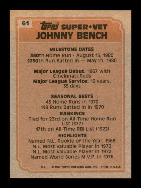 1983 Topps Johnny Bench