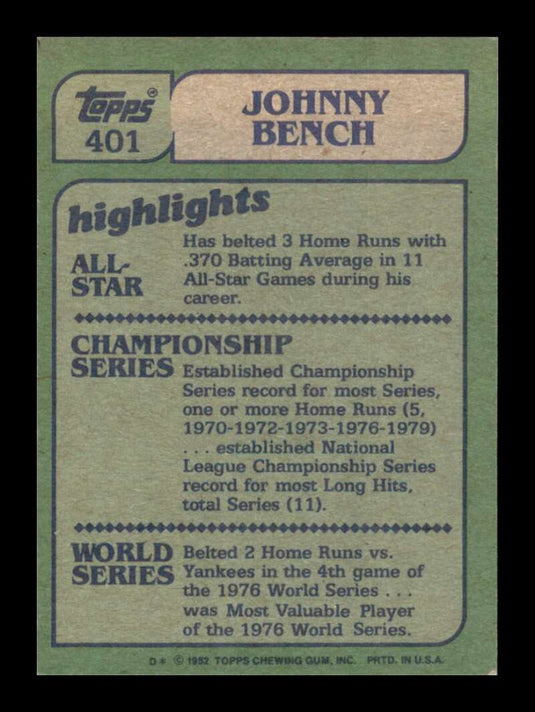 1982 Topps Johnny Bench