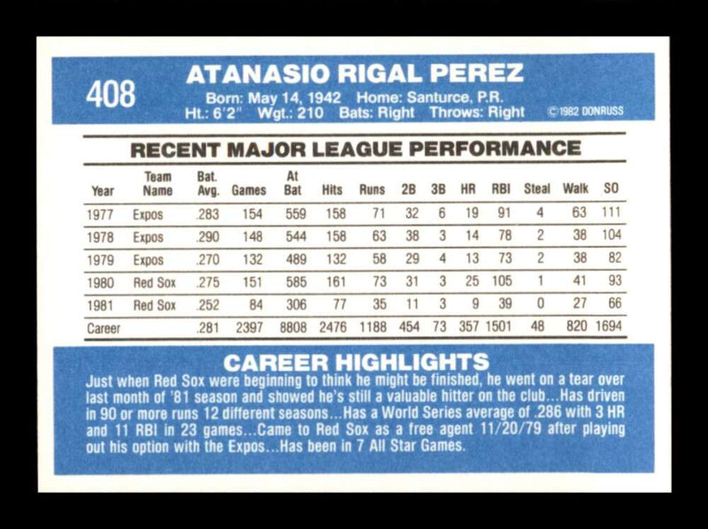 Load image into Gallery viewer, 1982 Donruss Tony Perez #408 Image 2
