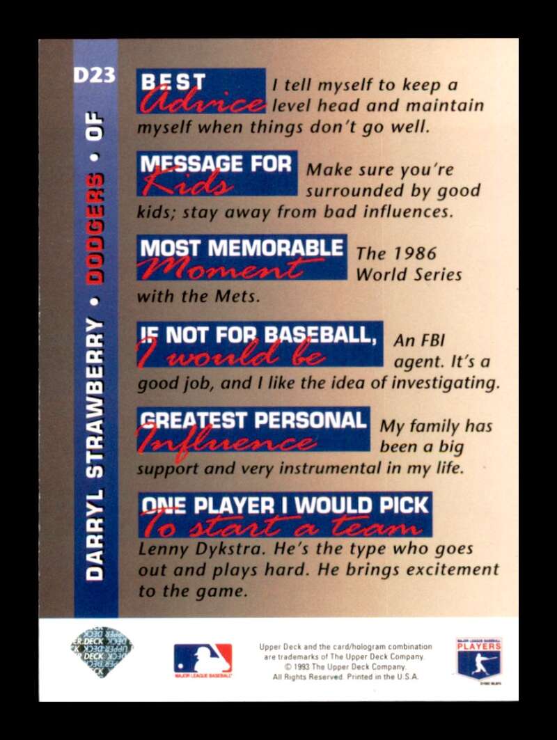 Load image into Gallery viewer, 1993 Upper Deck On Deck Darryl Strawberry #D23 Image 2
