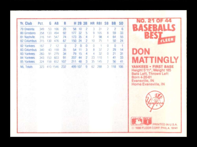 Load image into Gallery viewer, 1986 Fleer Baseball&#39;s Best Sluggers vs. Pitchers Don Mattingly #21 Image 2
