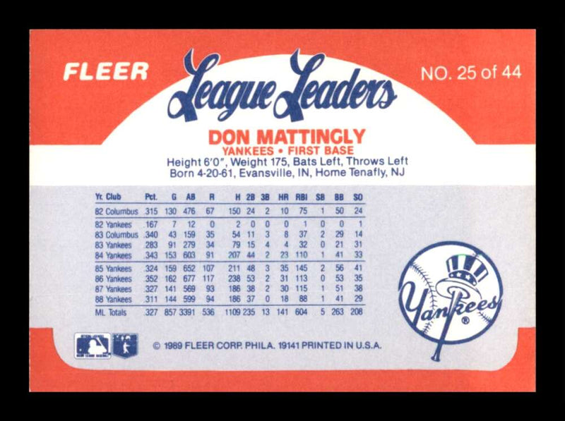 Load image into Gallery viewer, 1989 Fleer League Leaders Don Mattingly #25 Image 2
