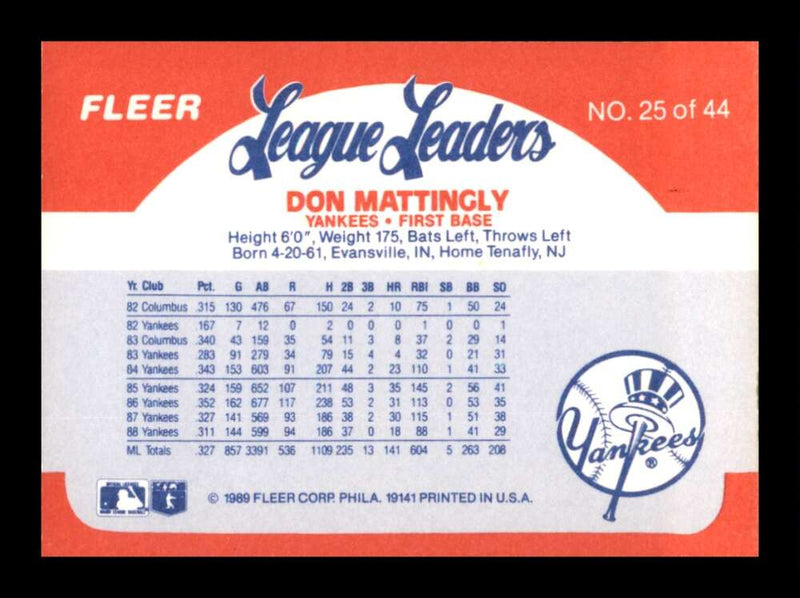 Load image into Gallery viewer, 1989 Fleer League Leaders Don Mattingly #25 Image 2
