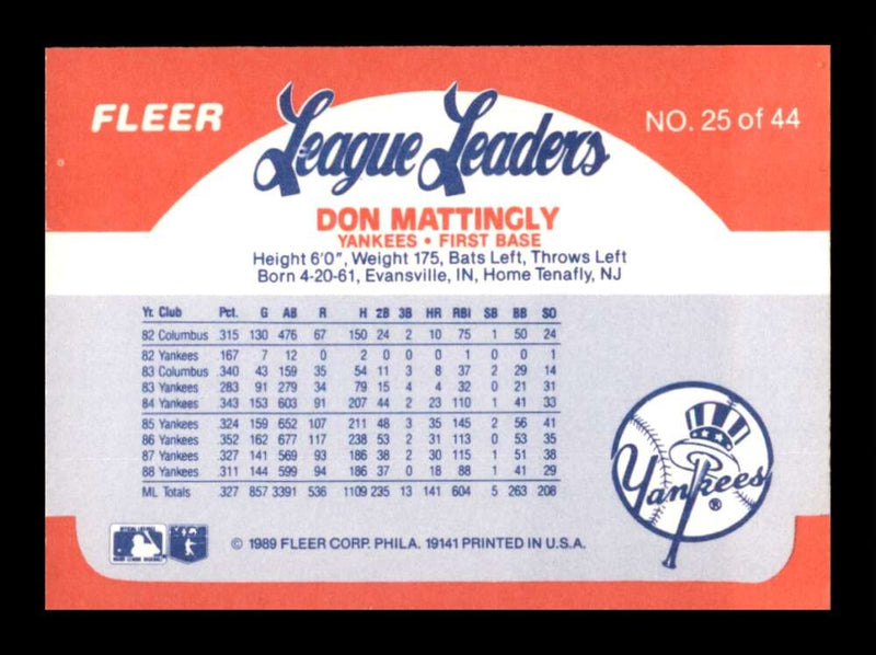 Load image into Gallery viewer, 1989 Fleer League Leaders Don Mattingly #25 Image 2
