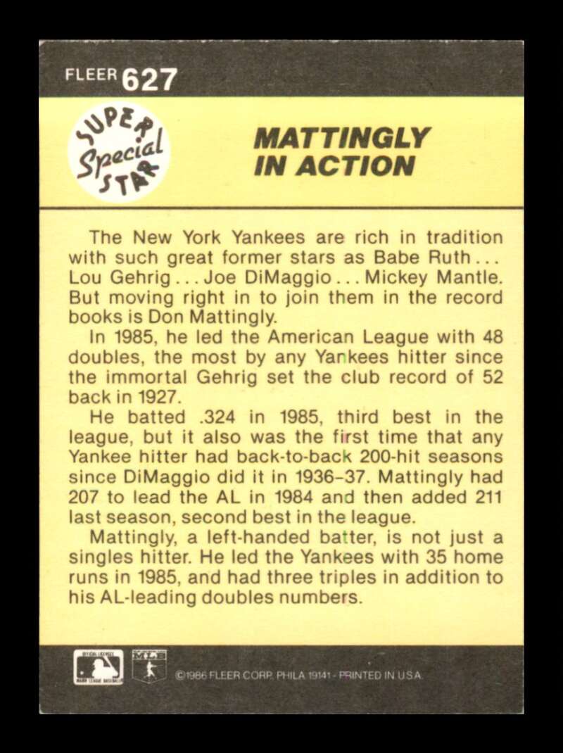 Load image into Gallery viewer, 1986 Fleer Don Mattingly #627 Image 2
