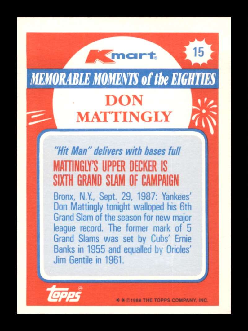 Load image into Gallery viewer, 1988 Topps Kmart Memorable Moments Don Mattingly #15 Image 2
