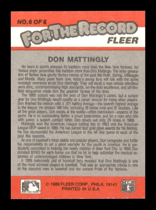 1989 Fleer For The Record Don Mattingly 