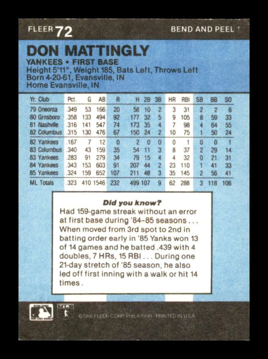 1986 Fleer Star Stickers Don Mattingly