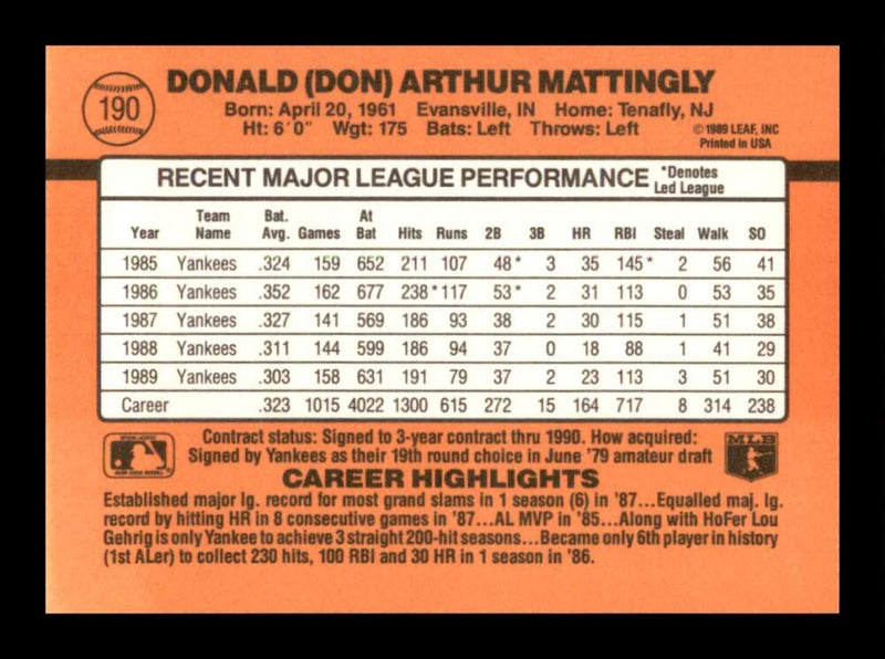 Load image into Gallery viewer, 1990 Donruss Don Mattingly #190 Image 2
