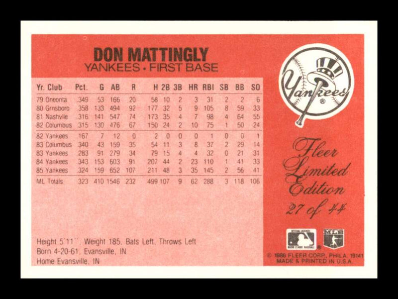 Load image into Gallery viewer, 1986 Fleer Limited Edition Don Mattingly #27 Image 2
