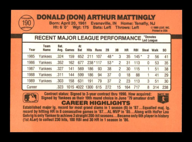 Load image into Gallery viewer, 1990 Donruss Don Mattingly #190 Image 2
