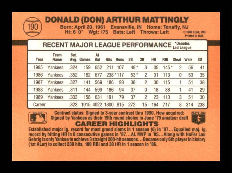 Load image into Gallery viewer, 1990 Donruss Don Mattingly #190 Image 2
