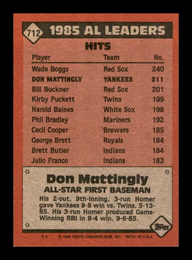 Load image into Gallery viewer, 1986 Topps Don Mattingly #712 Image 2
