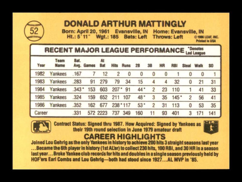 Load image into Gallery viewer, 1987 Donruss Don Mattingly #52 New York Yankees Image 2
