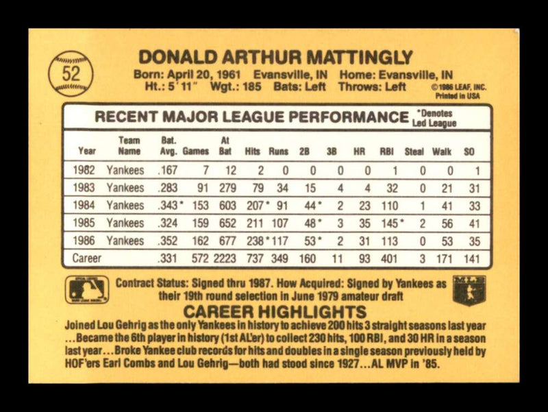 Load image into Gallery viewer, 1987 Donruss Don Mattingly #52 New York Yankees Image 2
