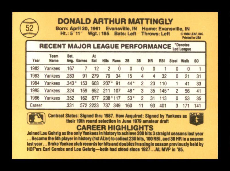 Load image into Gallery viewer, 1987 Donruss Don Mattingly #52 New York Yankees Image 2
