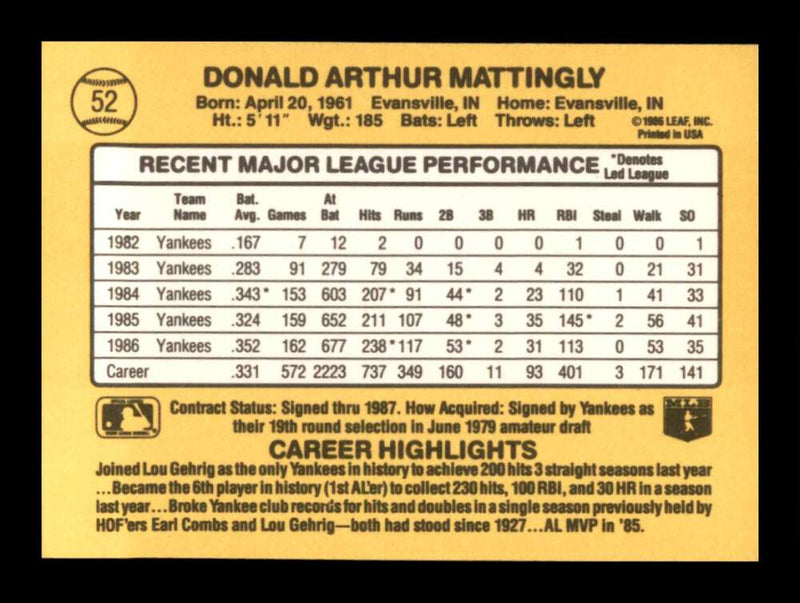 Load image into Gallery viewer, 1987 Donruss Don Mattingly #52 New York Yankees Image 2
