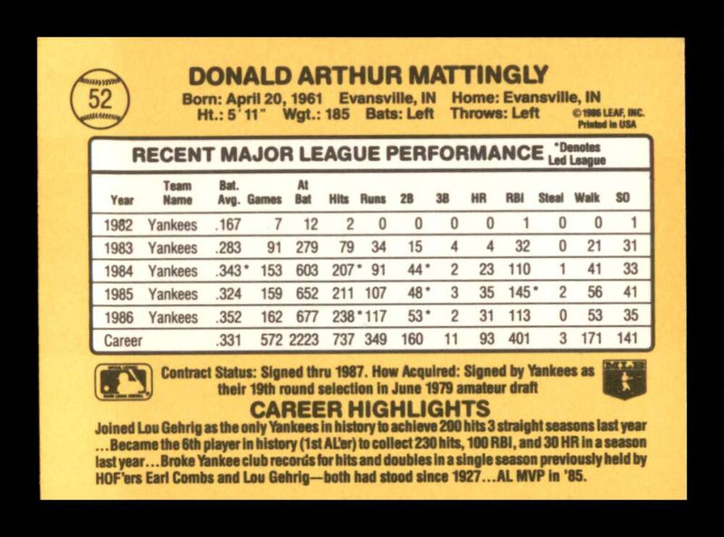 Load image into Gallery viewer, 1987 Donruss Don Mattingly #52 New York Yankees Image 2
